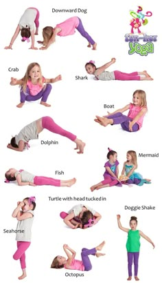 kids doing yoga poses with their names on the back and arms in different positions, including one