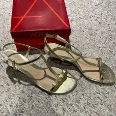 Elegant Gold Dressy Sandal. Perfect 1.5 Inch Kitten Heel. Never Worn. New Without Tags In Box. Dressy Sandals, Aerosoles Shoes, Gold Heels, Heel Sandal, Kitten Heel, Shoes Women Heels, Kitten Heels, Sandals Heels, Shoes Heels