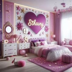 a bedroom decorated in pink and white with stars on the wall