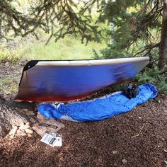 a blue and white boat laying on the ground next to a tree