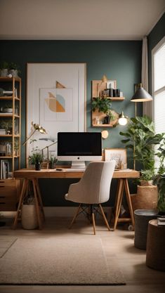 a desk with a computer and some plants