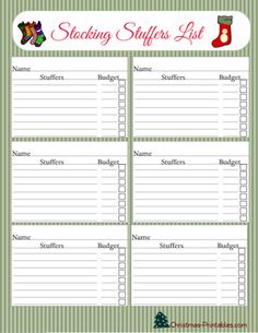 a printable christmas shopping list with stockings and boots on the top, in green stripes