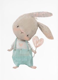 a drawing of a rabbit holding two heart shaped balloons in it's paws and wearing overalls