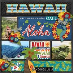 a collage of hawaii images with the words aloha on it and flowers