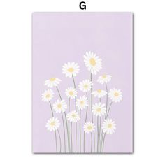 white daisies on a lila background with yellow centers are the focal point for this floral art piece