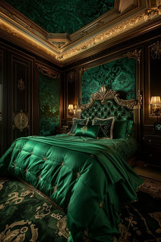 a green bed in a fancy bedroom with gold trimmings on the headboard and foot board