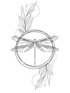 a drawing of a dragonfly sitting on top of a circle with leaves around it