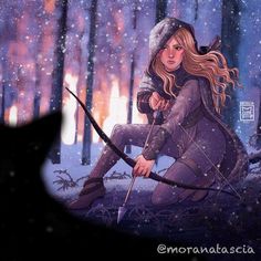 a woman sitting on the ground with a bow and arrow in her hand, surrounded by snow