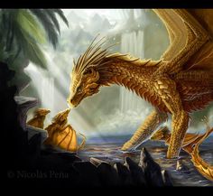 a golden dragon attacking another yellow dragon in the water with waterfalls and trees behind it