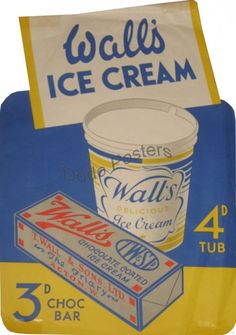 an old ice cream advertisement is displayed on a blue and yellow background with the words, waffles ice cream