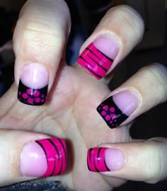 Nailed it. Pink and black nail art. Zebra print. French tip design Nails French Tip Black, French Tips Ideas, Black Pink Art, French Tip Black, Tiger Stripe Nails, Scene Nails, 2023 Wishlist, Ideas For Nails, Nails French Tip