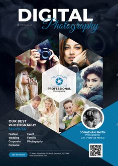 a blue and black flyer for a photographer