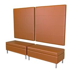 an orange leather bench with two benches on each side and one seat up against the wall