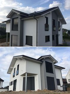 two pictures side by side of a house with windows and shutters on the roof