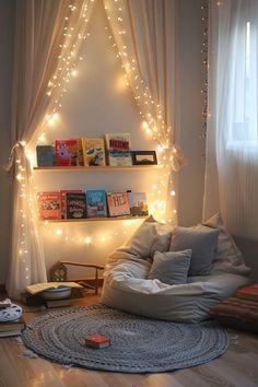 a room that has some lights on the wall and a bean bag chair in it