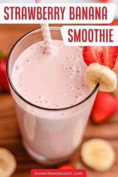 strawberry banana smoothie in a glass with strawberries on the side and text overlay