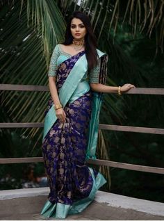 Saree Color Combinations, Keep Me Stylish, Blue Silk Saree, Silk Saree Blouse Designs, Half Saree Designs, Indian Fashion Saree, Unique Blouse Designs