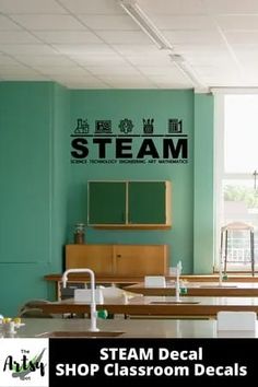 an empty classroom with desks and chairs in front of a window that reads steam decal shop classroom specials