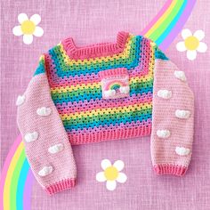 Pastel Rainbow Striped Cropped Crochet Jumper with Cloud Sleeves and Rainbow Cloud Pocket by VelvetVolcano Cloud Jumper, Turquoise And Lilac, Cloud Sweater, Vestidos Bebe Crochet, High Waisted Skirts, Baby Pink Colour, Kawaii Crochet, Rainbow Cloud, Patterned Cardigans