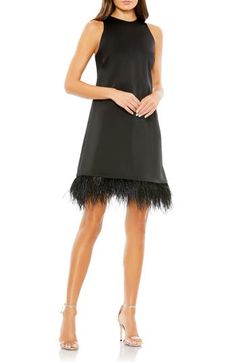 Feathers make everything more fun, which is why this silky-smooth cocktail dress may be the first step towards the best night ever. 36" length Crewneck Sleeveless Lined Asian Owned/Founded 100% polyester Spot clean Imported Short Wedding Guest Dresses, Ornate Dress, Kobi Halperin, Semi Formal Dresses, Feather Trim, High Neck Sleeveless, Short Cocktail Dress, Prom Girl, Jewel Neckline