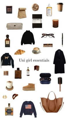 various items are arranged in the shape of a collage with words that read, uni girl essentials