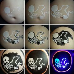 six different pictures of skeleton tattoos on the back of a woman's shoulder and arm