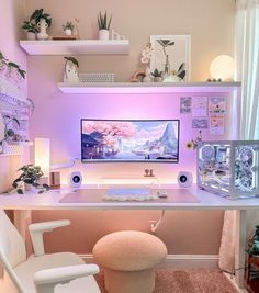 a white desk with a computer on top of it in front of a pink wall