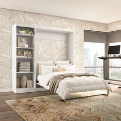 a bedroom with a bed, bookcases and a desk in front of a window