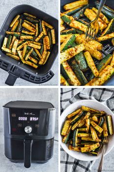 four pictures showing how to cook zucchini in an air fryer