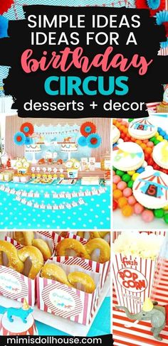 a birthday party with red, white and blue decorations including donuts and popcorn boxes