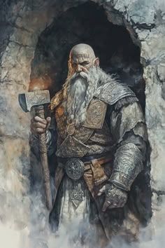 Zaldur Kromir stands stout and solid, with a granite-gray complexion that reflects his dwarven lineage. A thick, braided beard of ash-gray falls to his chest and it is intricately braided with silver threads resembling lightning bolts. His head is shaven, revealing a tattoo of a hammer encircled by a ring of runes. He wears a polished breastplate that gleams with a deep blue hue, engraved with sym... Viking Reference, Cleric Dnd, D D Races, Braided Beard, Fantasy Heroes, Lightning Bolts, Ash Gray, Fantasy Races