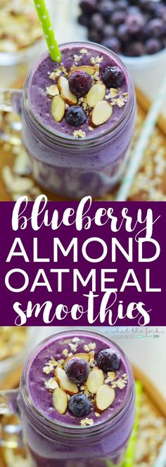 blueberry almond oatmeal smoothie in a mason jar