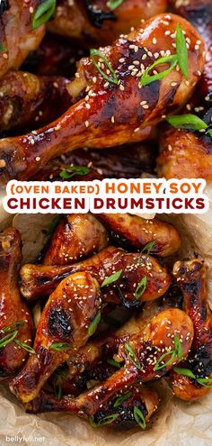 chicken drums with sesame seeds and seasoning on top in a paper bag text overlay reads ovened honey soy chicken drums