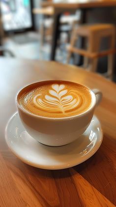 a cappuccino on a white saucer sitting on top of a wooden table