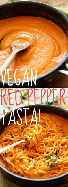 two pans filled with vegan red pepper pasta and one has a spoon in it