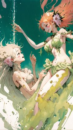 two women dressed as mermaids floating in the ocean with their hair blowing back and feet spread out