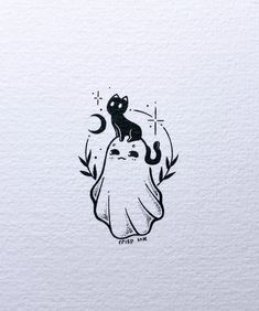 a drawing of a cat sitting on top of a ghost's head with the moon behind it