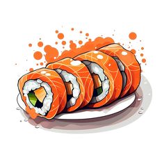 sushi rolls on a plate with sauce sprinkled around them