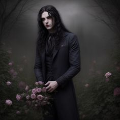 a man with long hair holding flowers in front of a dark background and foggy sky