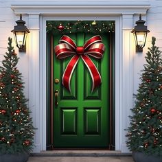 a green door with a red bow on it and christmas trees in front of it