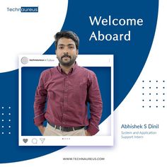 a man standing in front of a blue and white background with the words welcome aboard