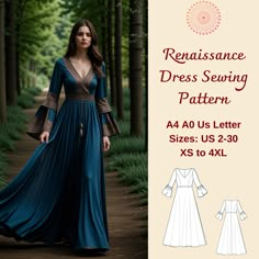 Medieval Renaissance Dress Sewing pattern available as an instant download (pdf) sewing pattern bundle with a range of size options: US Sizes: 2, 4, 6, 8, 10, 12, 14, 16, 18, 20, 22, 24, 26, 28, 30 Standard Sizes: XS, S, M, L, XL, 2XL, 3XL, 4XL These patterns are suitable for A4, A0, and US Letter size papers. As soon as your payment is processed, you will automatically receive download links for the pattern files. *PLEASE NOTE that you will only be able to download the files from a computer; they will not work on a phone or iPad.* This is a digital product and not a finished item. You will receive zip files containing the patterns and sewing instructions. If you have any questions, do no hesitate to contact!