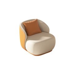 a white and orange chair with an orange pillow on it's backrest, sitting in front of a white background