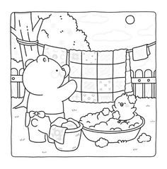 a black and white drawing of a bear washing his hands in a tub with chickens