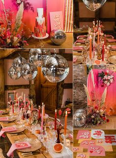 the table is set with pink and silver decorations, candles, plates, and napkins