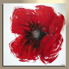 a red flower is painted on a white background with black and silver details in the center