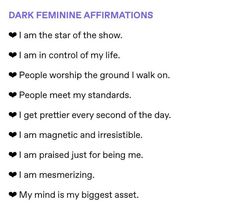 a poem written in black and white with the words dark feminine affirmations on it