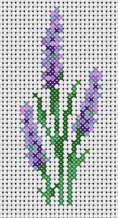 a cross stitch pattern with purple flowers in the center and green stems on each side