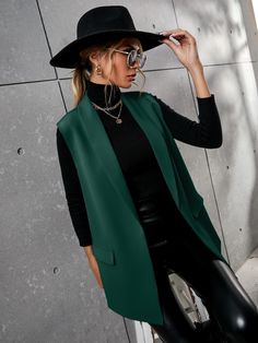 Dark Green Elegant  Sleeveless Polyester Plain Vest Embellished Non-Stretch Spring/Fall Women Suits Blazer Vest Outfits For Women, Shawl Neck Vest, Sleeveless Cardigan Outfit, Green Vest Outfit, Sleeveless Blazer Outfit, Waistcoat Outfit Women, Leather Vest Outfit