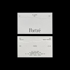 two pieces of white paper with the word porte on it in black and white ink